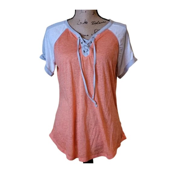Bobbie Brooks Large Tie Up, V-neck, Short Sleeve, Salmon colored, Blouse - Picture 1 of 2